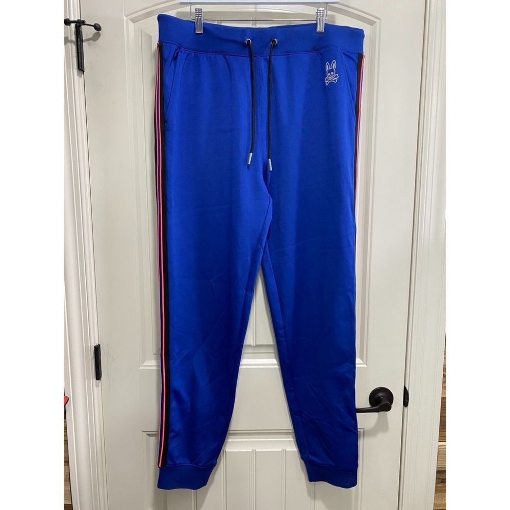 Psycho Bunny Mens 2XL Blue Jogger Pants with White Bunny Logo Side Stripes